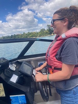 Eleanor learning the ropes, rules of the road, navigation and close-quarter handling.  She's a natural boatie!